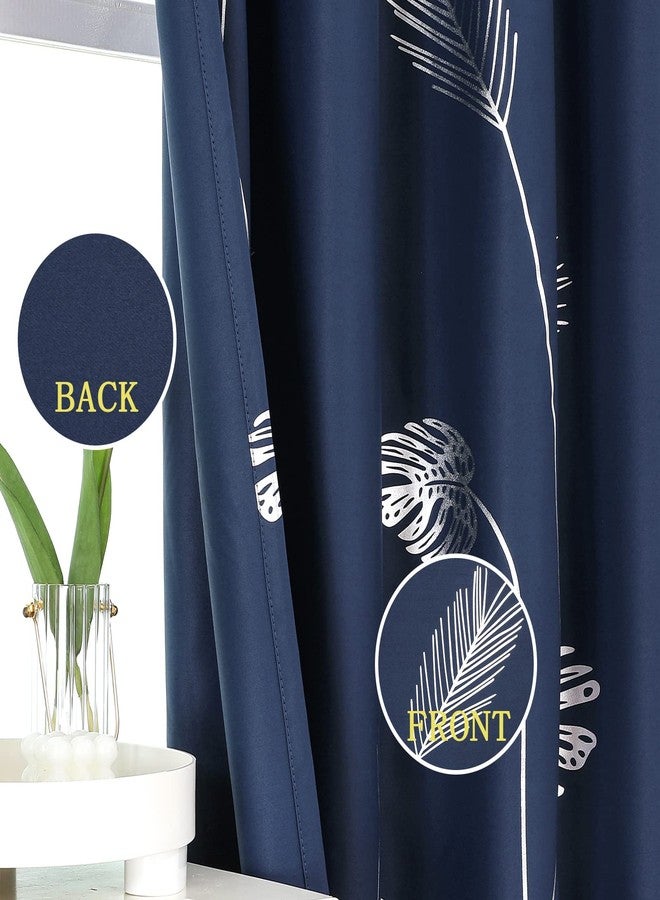 Estelar Textiler Navy Blue Blackout Curtains for Living Room 84 Inches Long Silver Palm Tree Printed Thermal Insulated Room Darkening Curtains for Bedroom, 52Wx84L, 2 Panels - Image 3